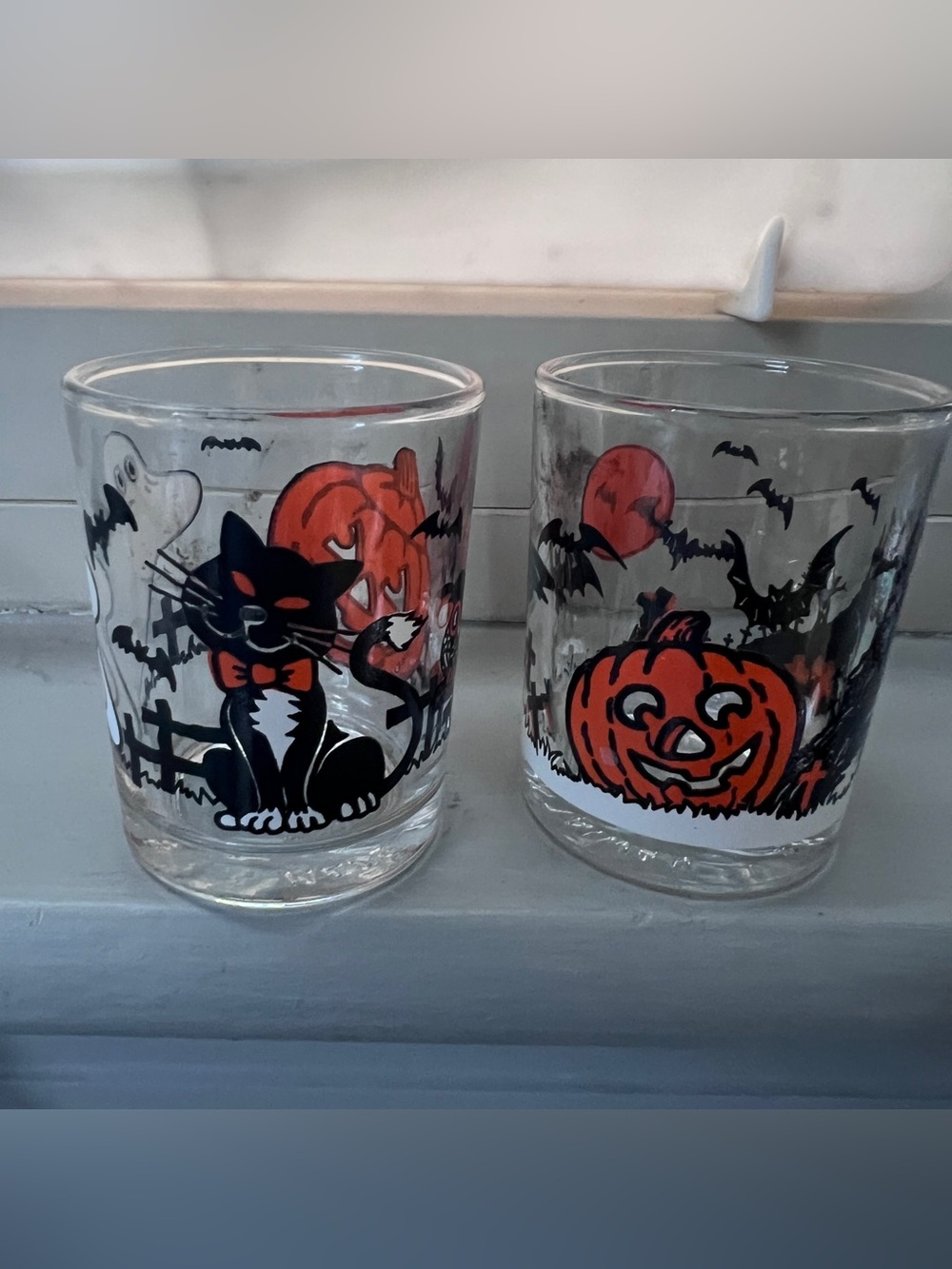 Vintage Halloween Glass Votive Candle or Shot Glass Taiwan Cat Ghost Bats